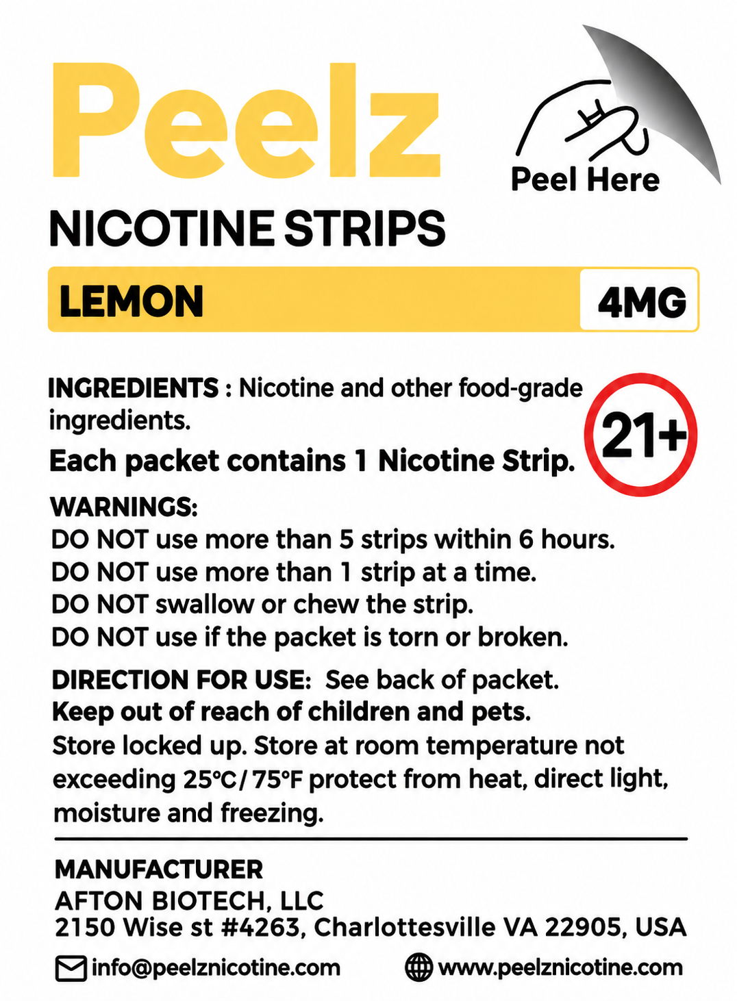 Peelz packet — front: ingredients, warnings, and manufacturer info